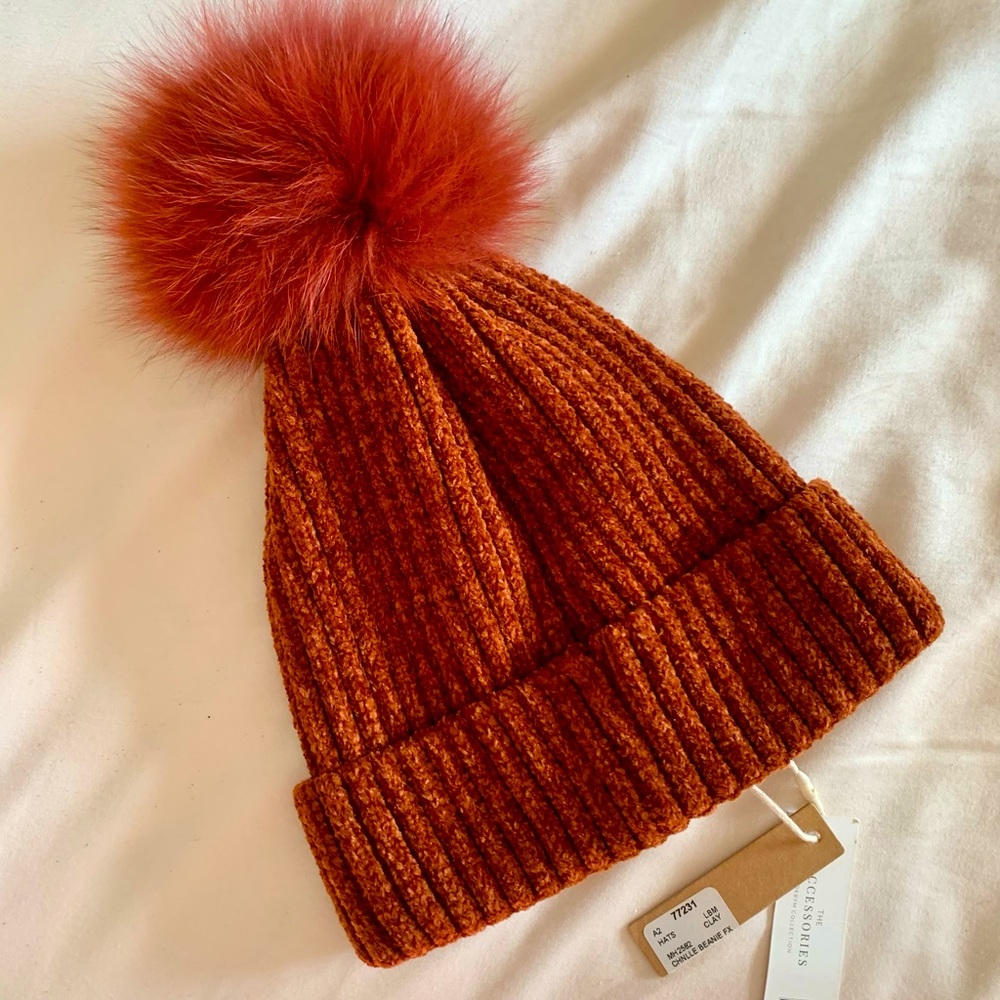 NWT Warm Burnt Orange Beanie with Poof